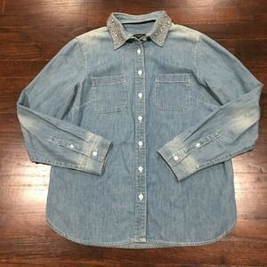 Talbots Petites Button Front Top Size 8P Chambray Removable Embellished Collar